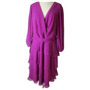Jessica Howard Tiered Dress Womens 16W Purple Balloon Sleeve Tie Waist Back Zip